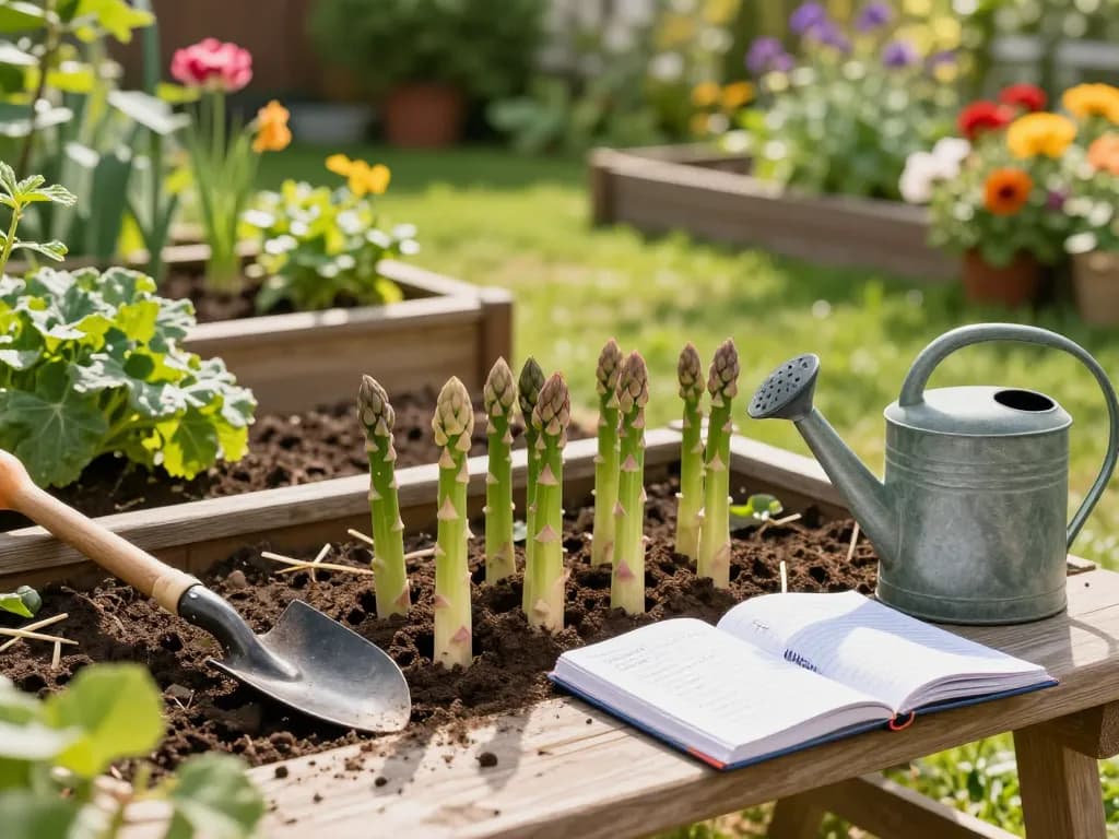 Gardener planting grüner spargel pflanzen in a sunny backyard, surrounded by tools and blooming flowers.