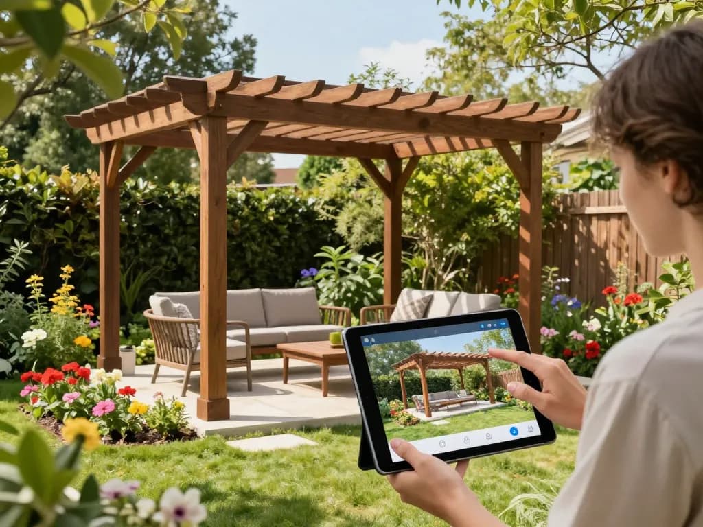 Interaktive Pergola Konfigurator-Erfahrung in einem lebhaften Gartenambiente
