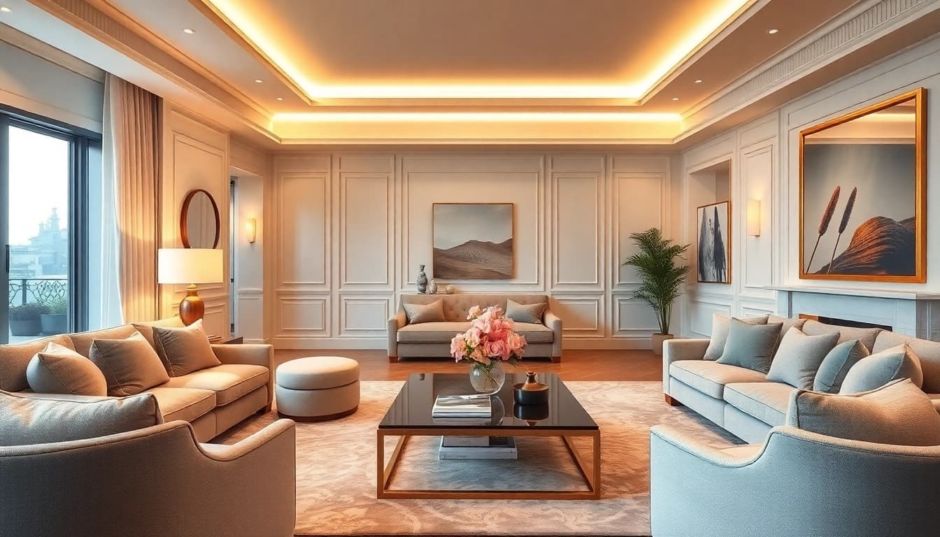 Luxury living room featuring plush decor and elegant accents for a comfortable ambiance.