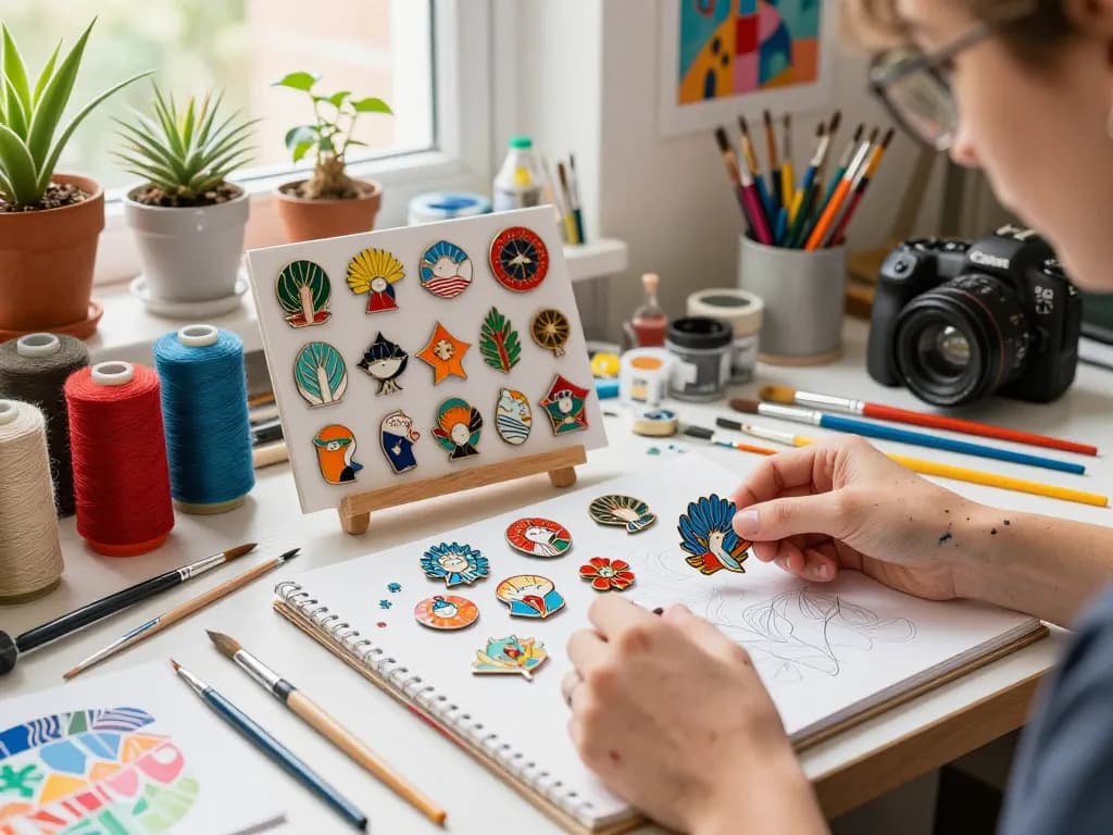 Individuelle pins showcased on a vibrant artist's workspace, capturing creativity and design.