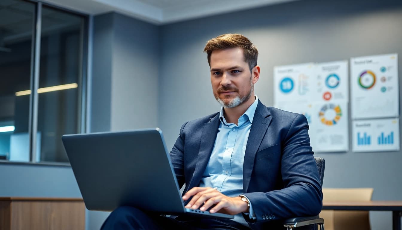 Der Headhunter IT arbeitet konzentriert an einem Laptop in einem modernen Büro.