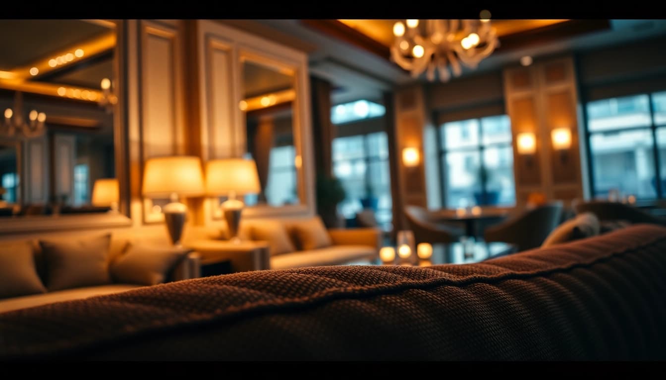 Experience luxury in a beautifully designed lounge with elegant furniture and warm lighting.