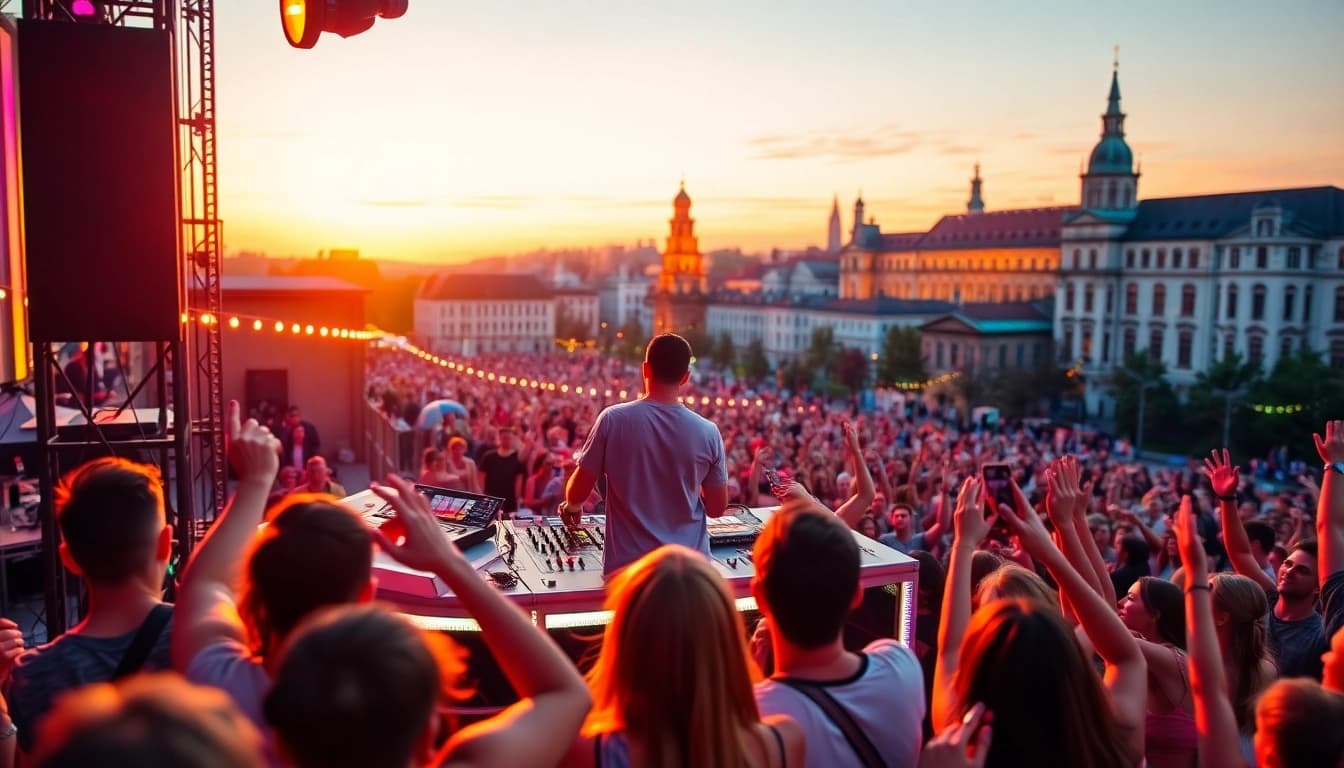 DJ aus München begeistert mit energetischer Musik auf einer lebhaften Veranstaltung.