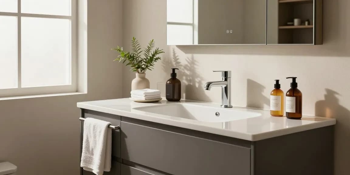 Moderne badkamermeubel met elegante accessoires in een serene badkameromgeving.