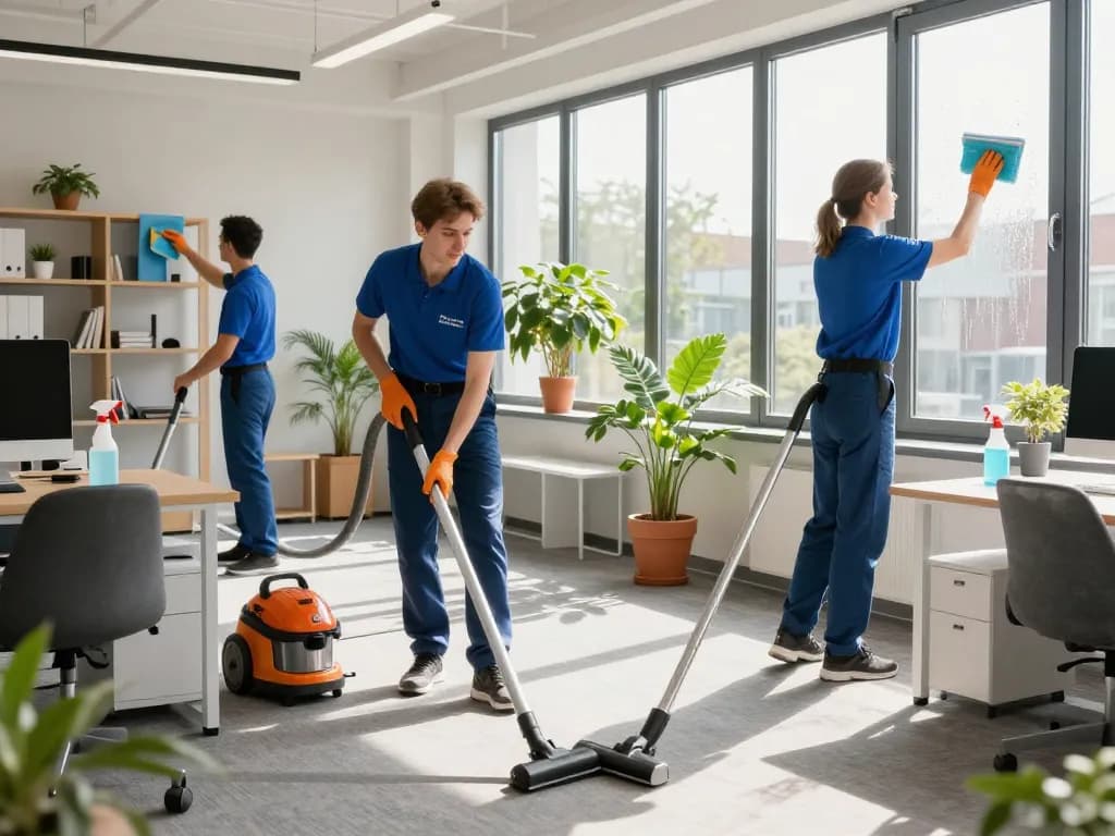 Professionelle Gebäudereiniger aus Münster reinigen ein Büro mit Teamarbeit und modernen Werkzeugen.
