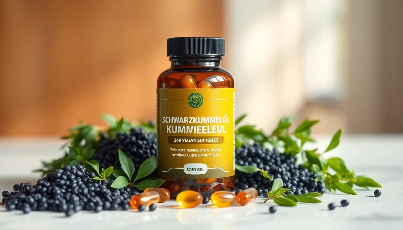 Schwarzkümmelöl Supplement in 240 vegan Softgels für optimale Gesundheit und Wellness.