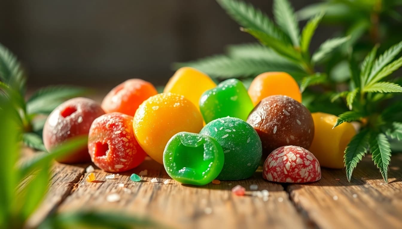 Indulge in delicious edibles gummibärchen highlighted on a rustic table, showcasing vibrant colors and textures.