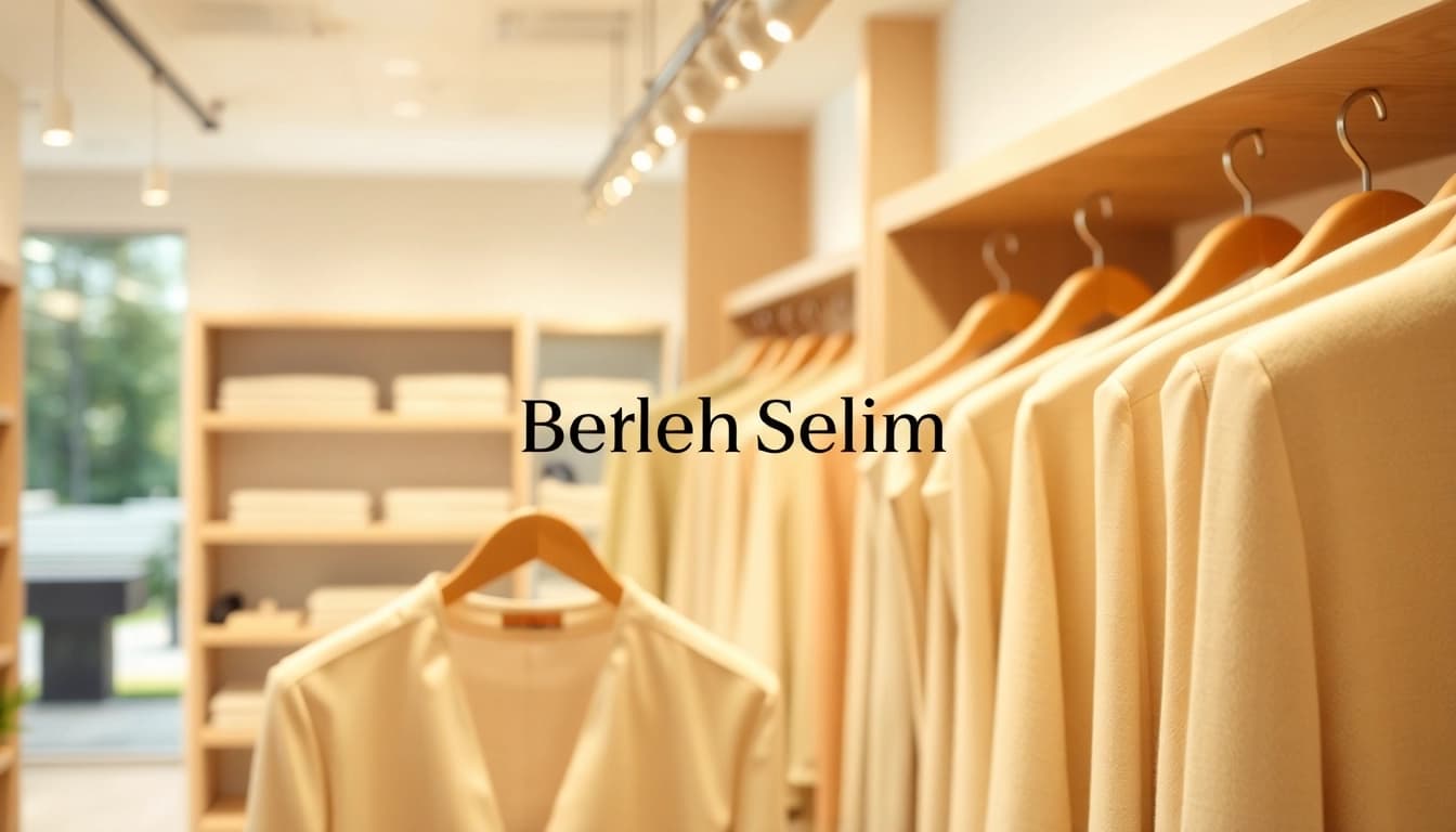 Kleiderbügel mit eigenem Logo, präsentiert in einem stilvollen Geschäft, betont Holzdesign und Markenbranding.