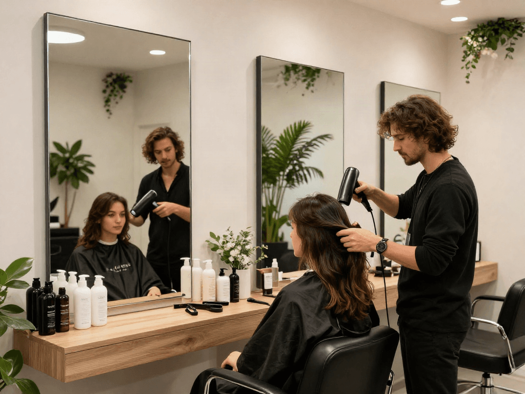 Professionelle Haarsalon-Szene mit dem Laifen Mini-Haartrockner in Aktion, stilvoll und einladend.