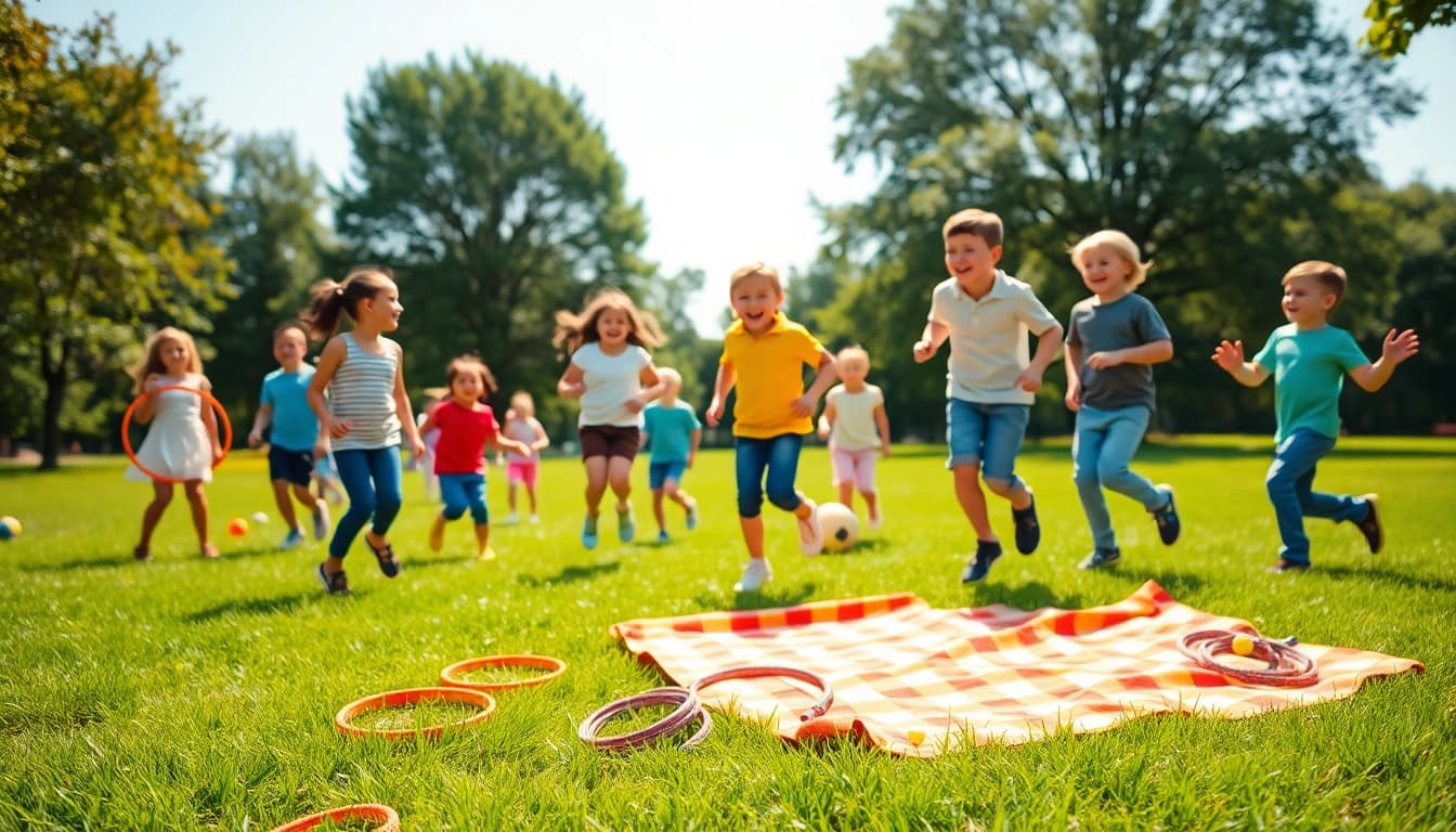 Jetzt Details ansehen ueber Kinder, die froehlich an Bewegungsspielen im Park teilnehmen.