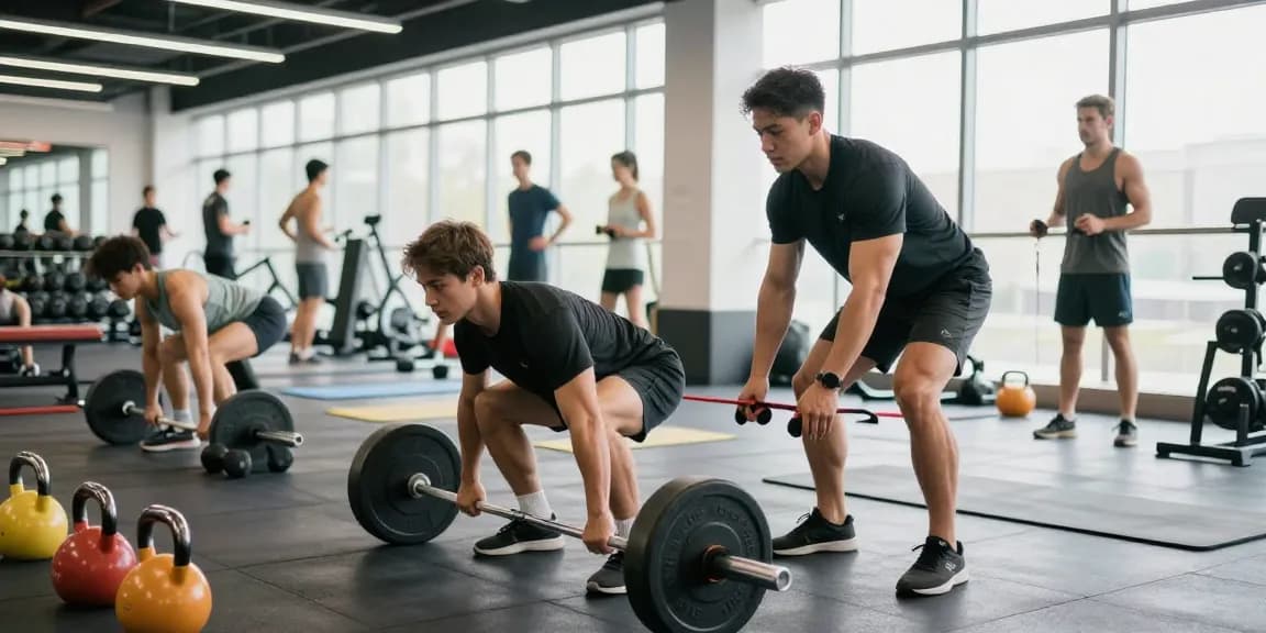 Aktive Fitness-Szene im Astera Shop mit Sportlern, die Gewichte heben und trainieren.