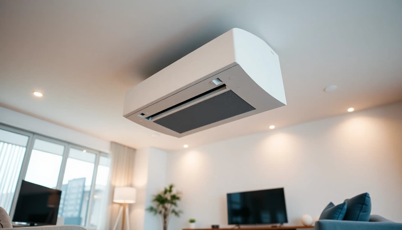 Klima installieren durch Fachleute in einem modernen Wohnraum mit einem eleganten Klimagerät.