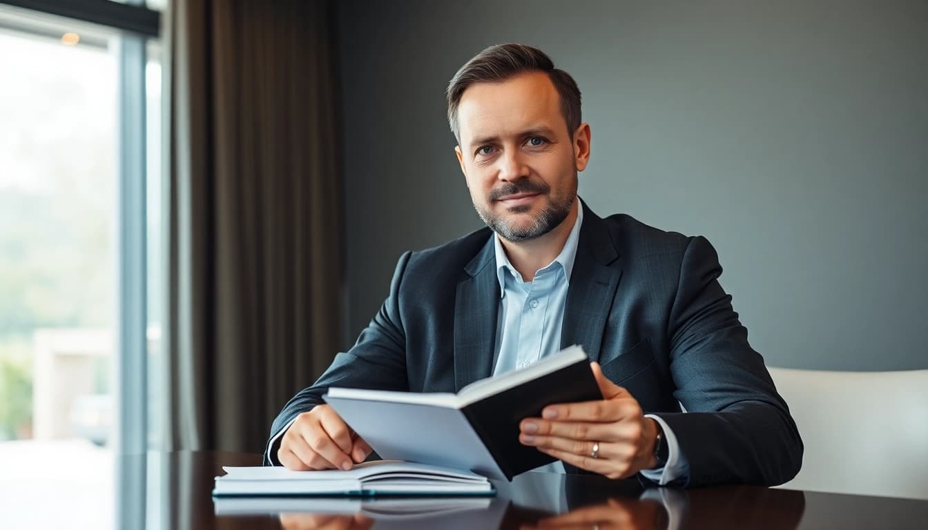 Professioneller Headhunter CEO bei der Arbeit mit Notizbuch im eleganten Büro.