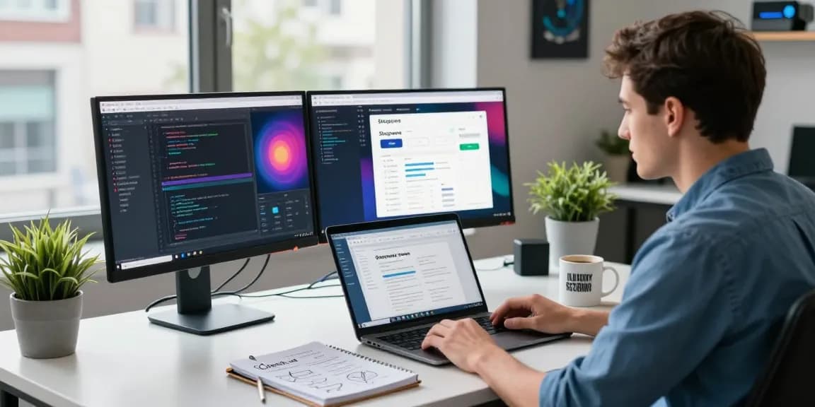 Shopware-Freelancer arbeitet an einem modernen E-Commerce-Entwicklungsarbeitsplatz mit zwei Monitoren und Programmierung.