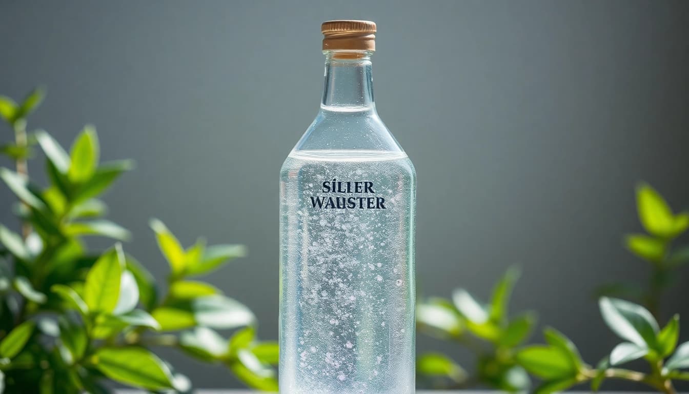 Silberwasser in einer klaren Flasche, die vor Pflanzen steht und in natürlichem Licht glänzt.