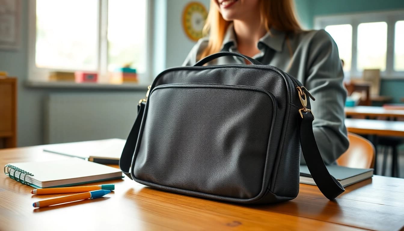 Handytasche Klassenzimmer auf einem Schreibtisch mit Schulmaterialien, die stilvollen Funktionen zeigt.