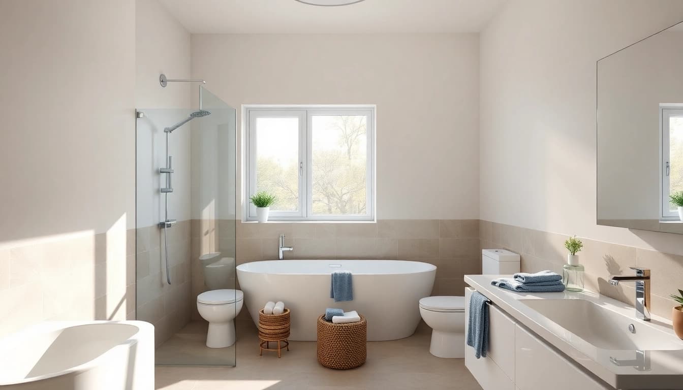 Elegantes, renoviertes Badezimmer, das die Hausrenovierung modern interpretiert und außergewöhnliche Details präsentiert.