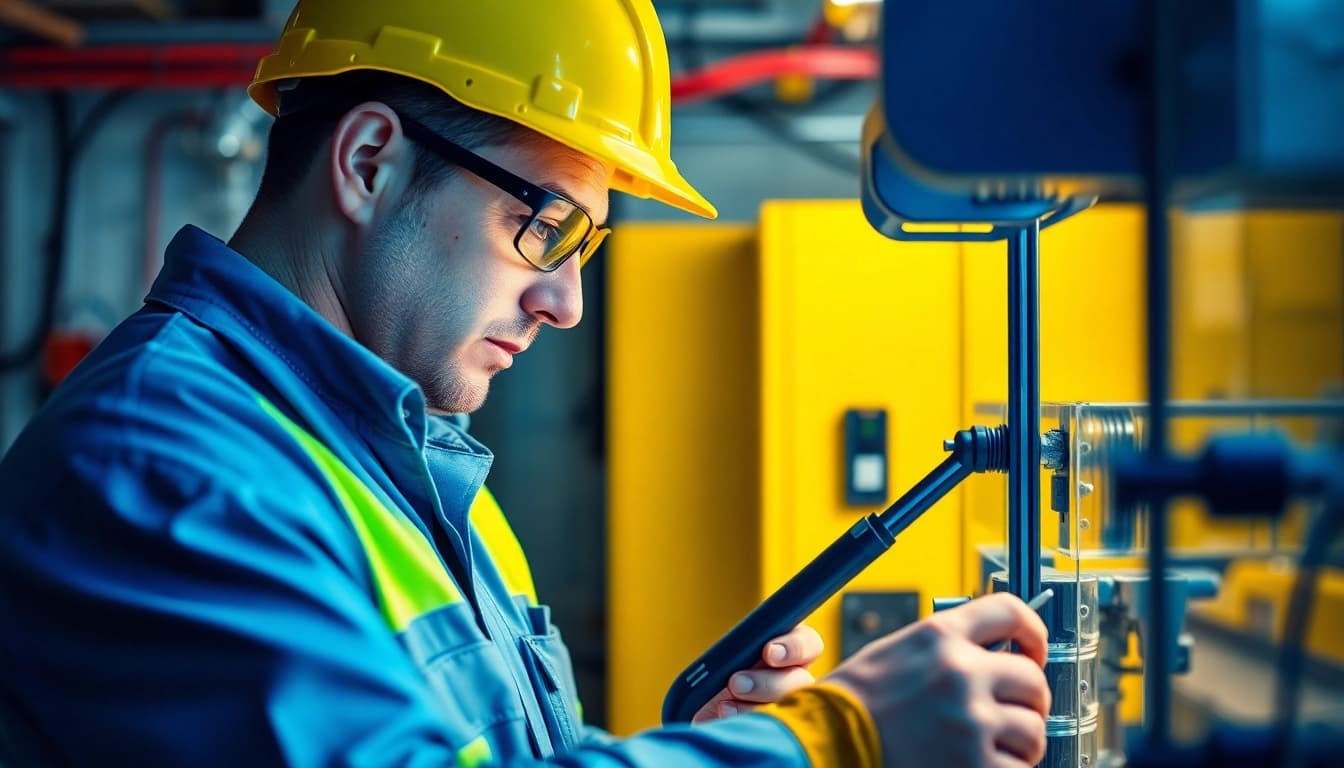Technician conducting a DGUV V3 Prüfung on electrical equipment to ensure workplace safety.