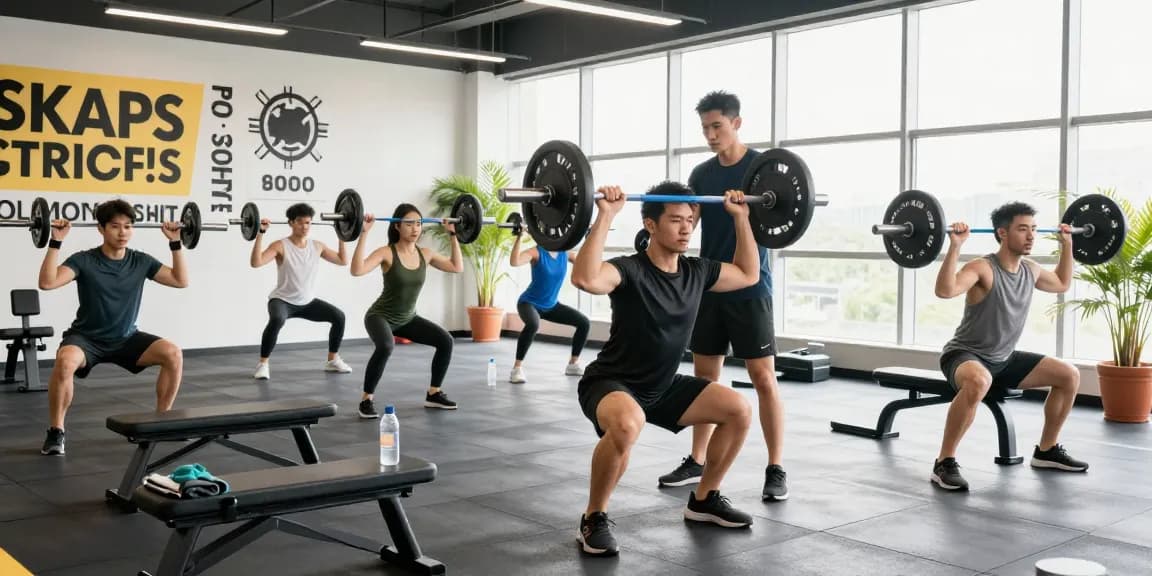 Aktive Trainingseinheit im Prime Pharma Shop, moderne Fitnessgeräte, motivierte Sportler.