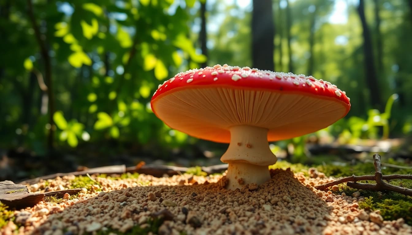 Fliegenpilz pulver displayed beside the vibrant Amanita muscaria in a natural forest setting.