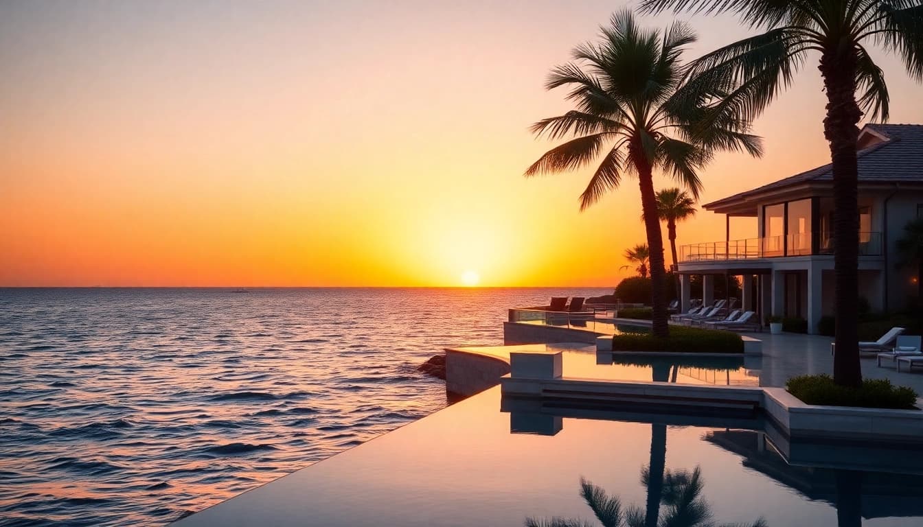 Discover beautiful nordzypern immobilien am meer with stunning oceanfront views at sunset.