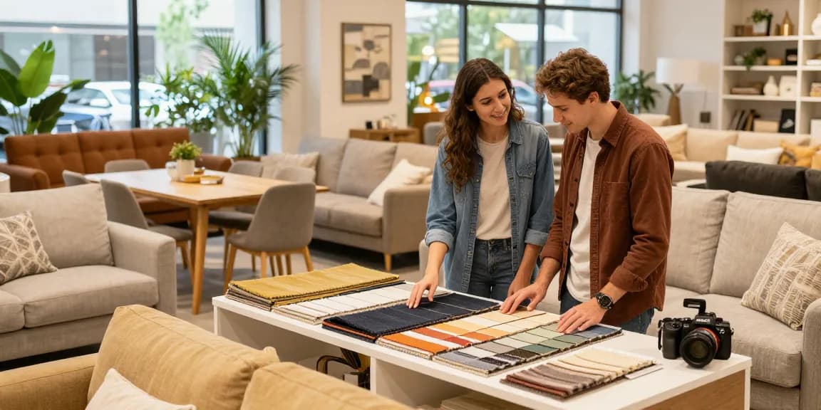 Käufer genießen ein lebhaftes Online-Möbelshop-Erlebnis in einem stilvollen Möbelshowroom.
