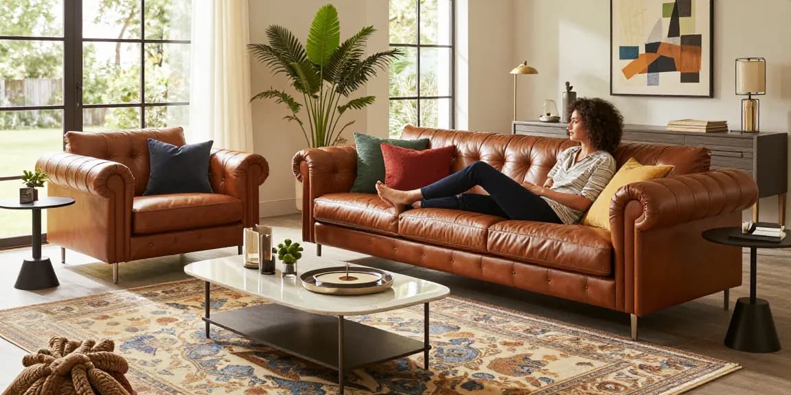 Baxter Möbel Erfahrungen illustriert mit einem stilvollen Wohnzimmer, das das Baxter Chester Moon Sofa und elegantes Dekor zeigt.