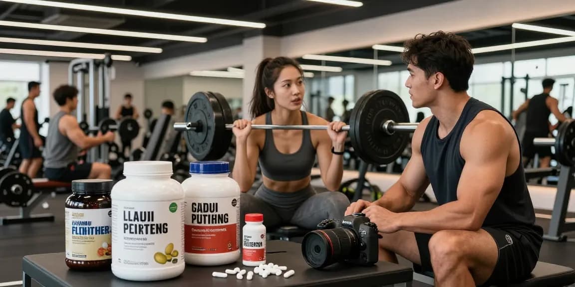 Fitness-Enthusiasten präsentieren Anabolika von Steroidshop in einem lebhaften Fitnessstudio.