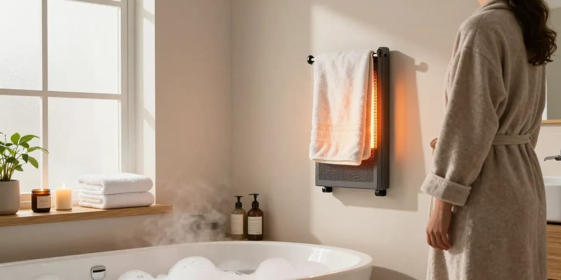 Einstellbarer Infrarotstrahler bietet Wärme in einem stilvollen Badezimmer mit gemütlicher Einrichtung.
