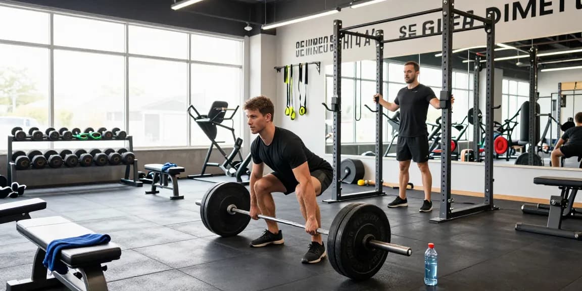 Man lifting weights in a modern gym atmosphere at Anabolika Shop.