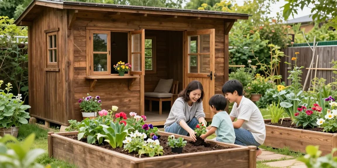 Wunderschönes Gartenhaus aus Holz mit einer Familie, die im Garten arbeitet und Pflanzen pflanzt.