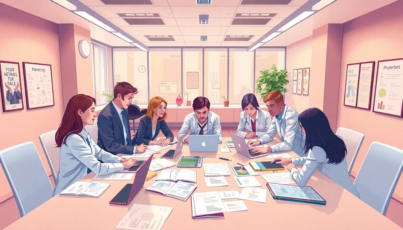 Capture a diverse team brainstorming innovative strategies at a pflegemarketing agentur office.