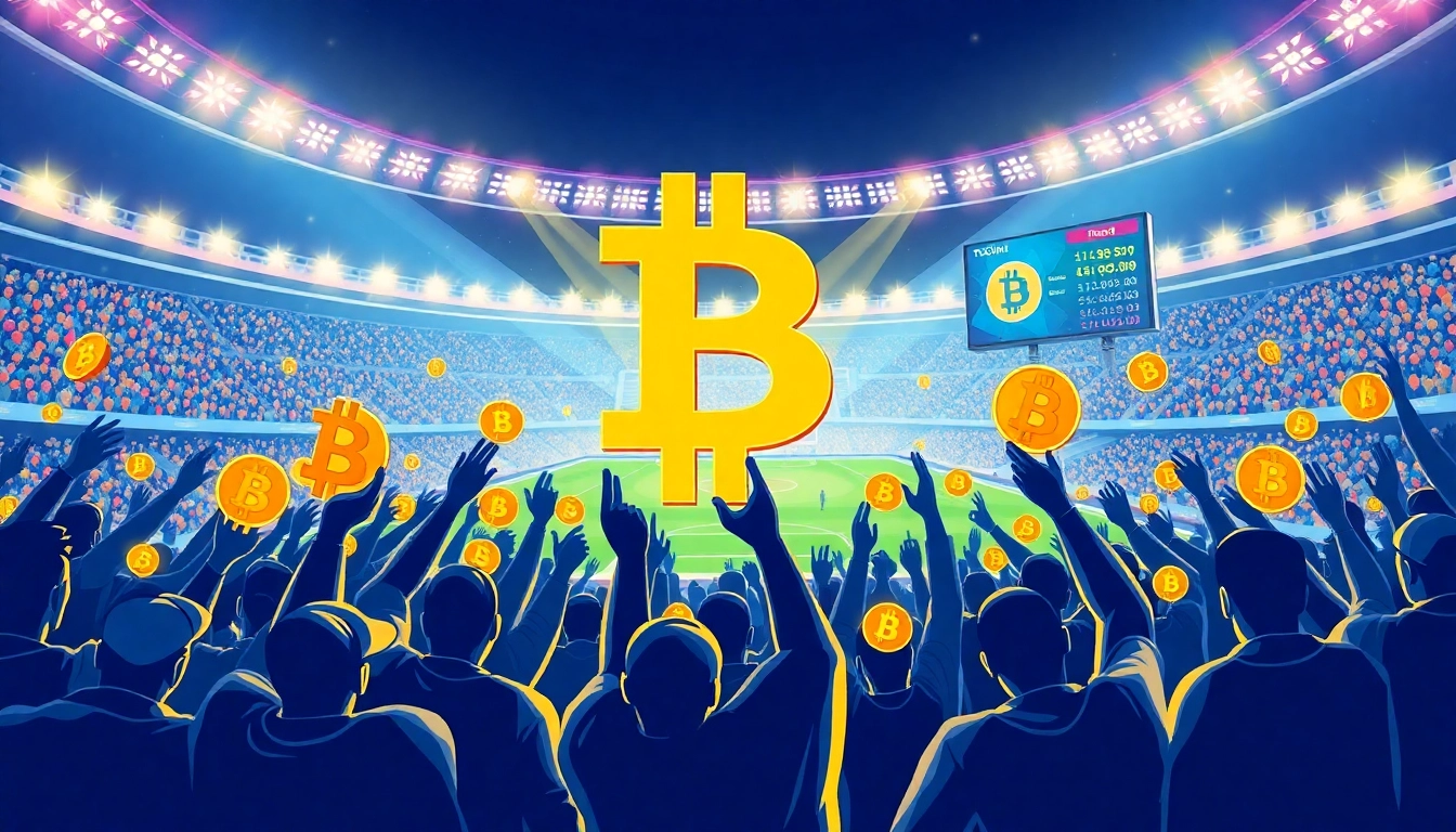 Experience sports betting with bitcoin in a vibrant stadium filled with fans and excitement for the game.