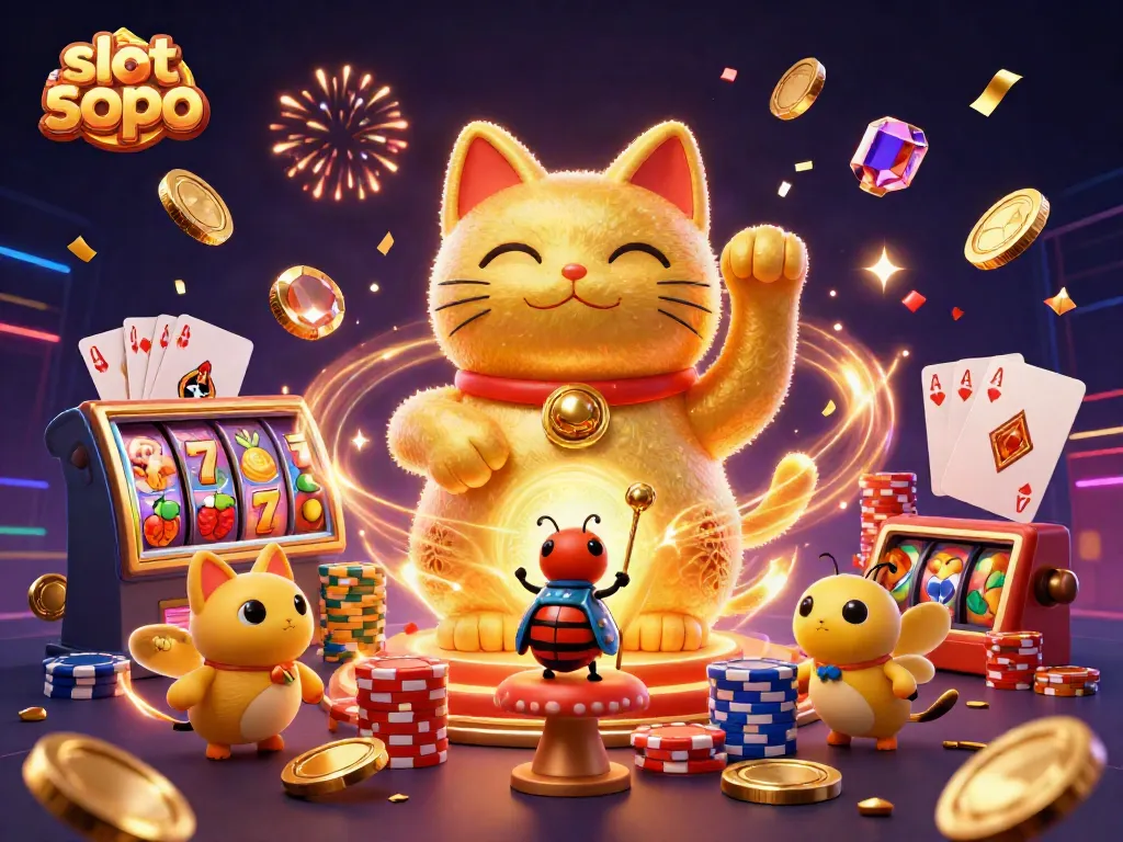 Experience thrilling gameplay with slot depo 5000, featuring colorful casino symbols and dynamic lucky cat.