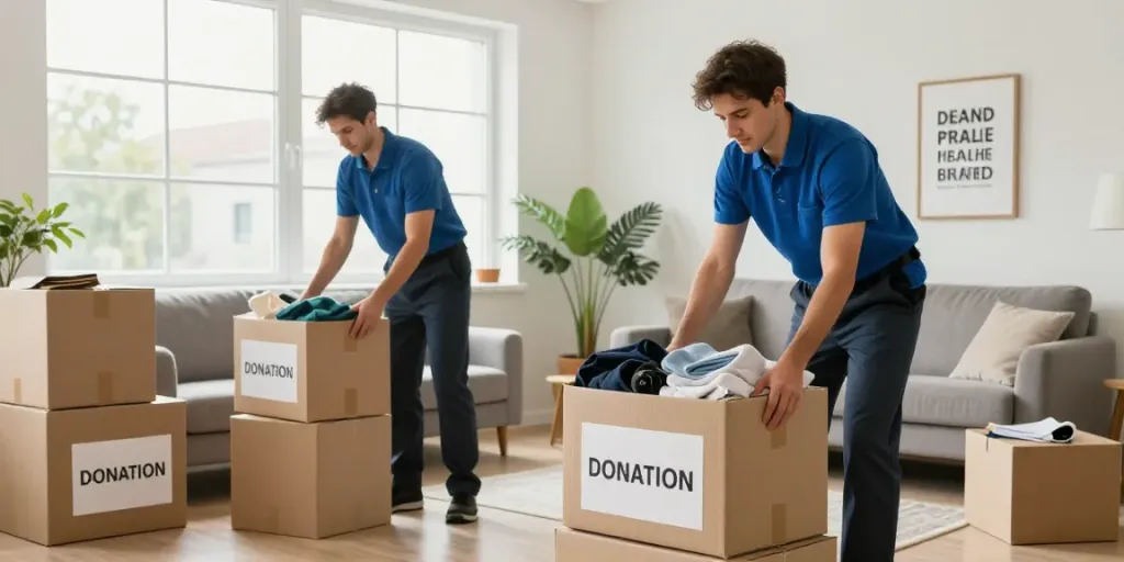 Entrümpelung Wien günstig: Professionelles Team beim Aufräumen und Sortieren von Gegenständen im modernen Wohnzimmer.
