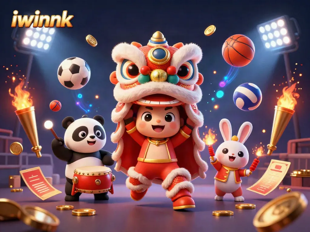 Experience high-energy action with iwinnk's vibrant casino scene featuring lion dance and gaming elements.