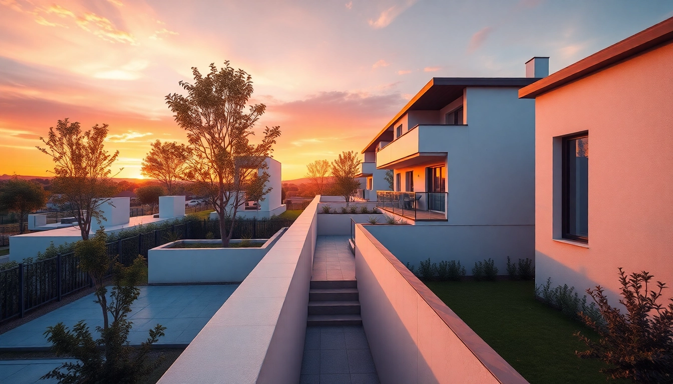 Detailreiche visualisierung architektur einer modernen Wohnanlage bei Sonnenuntergang mit lebendigen Farben und realistischen Schatten.
