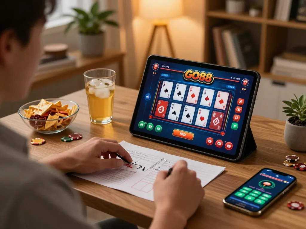 Player engaging with GO88 app for thrilling online gaming experience in cozy setting