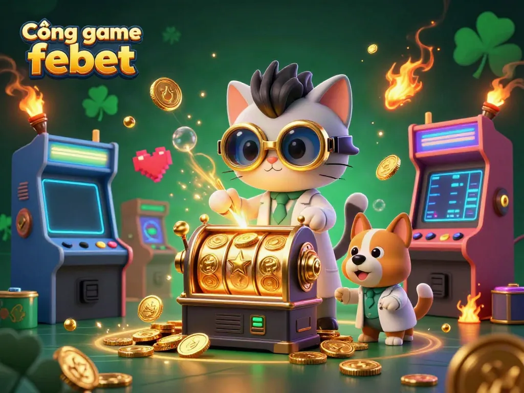 Experience the excitement at Cổng game febet with an engaging illustration of a mad scientist cat and dog in a casino-themed lab.