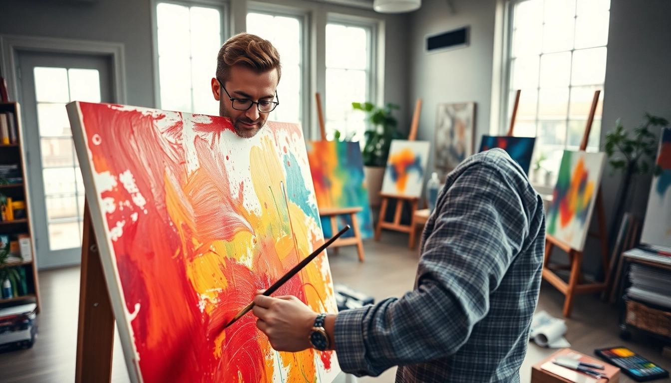 Artist painting on a canvas in a vibrant studio with colorful palettes and soft lighting.