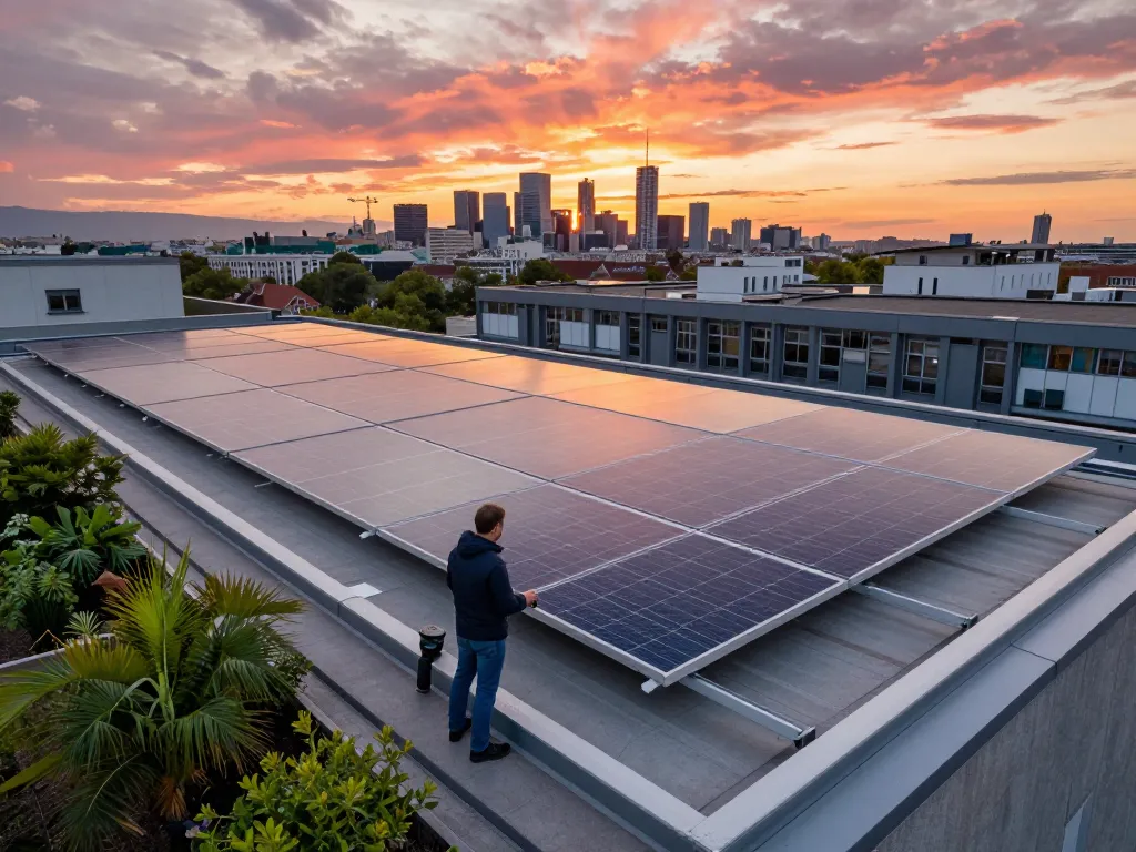Experte inspiziert Photovoltaik Wien Solarpanels auf einer Dachinstallation in Wien während des Sonnenuntergangs.
