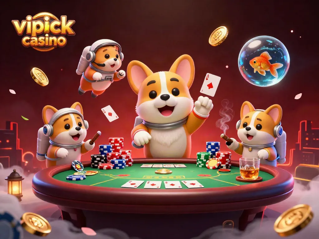 Experience the thrill of vipluck casino with a floating astronaut corgi in a vibrant space station.