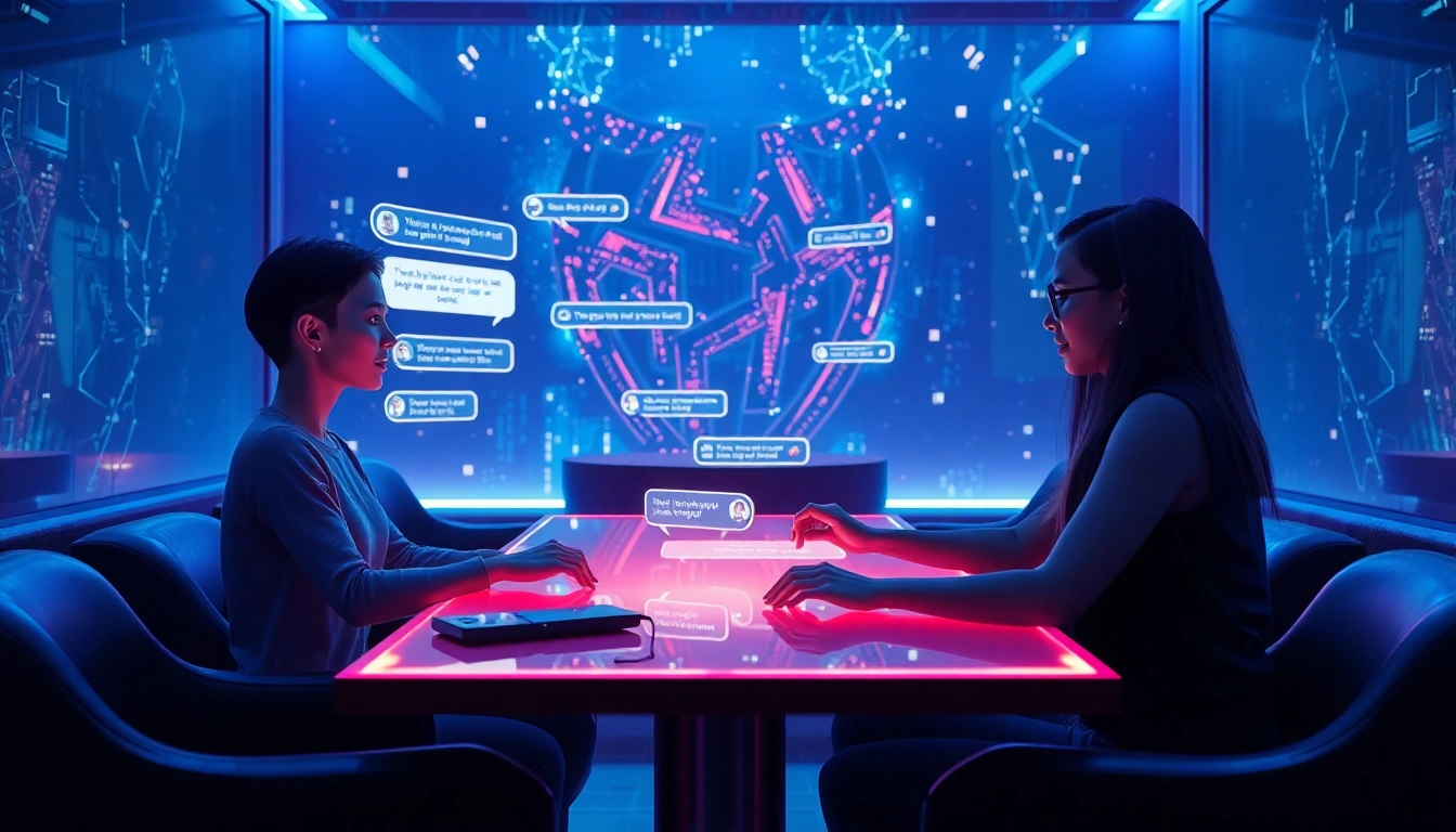 AI slut character engaging in playful chat within a futuristic lounge, highlighting innovative AI interactions.