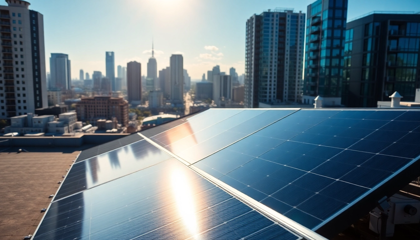 Installieren von Solar Wien Solarpanelen in einer modernen städtischen Umgebung.