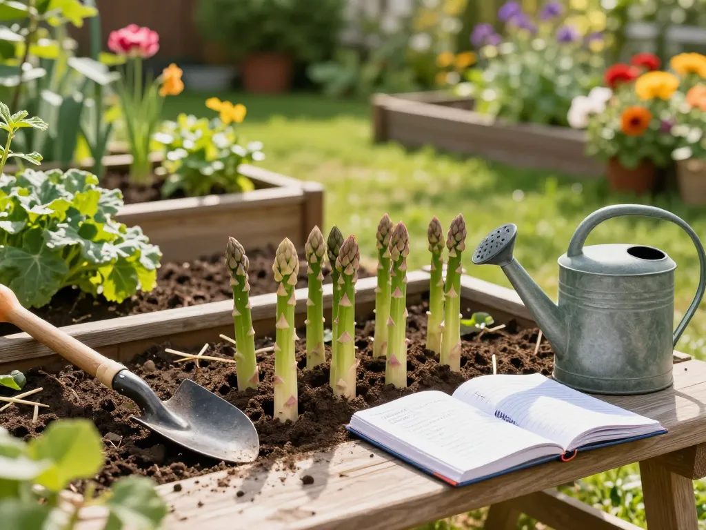 Gardener planting grüner spargel pflanzen in a sunny backyard, surrounded by tools and blooming flowers.