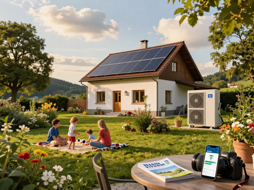 Photovoltaik Bayern - Familie genießt den Garten mit Solarpanels und Wärmepumpe in Bayern