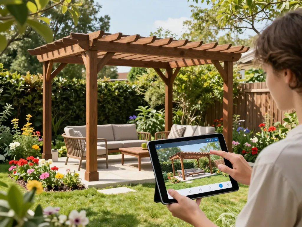 Interaktive Pergola Konfigurator-Erfahrung in einem lebhaften Gartenambiente