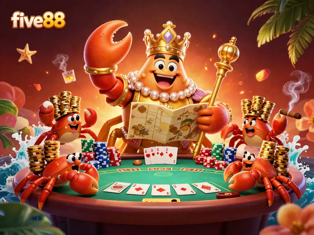 Experience the dynamic five88 casino atmosphere with the golden crab emperor and thrilling poker game elements.