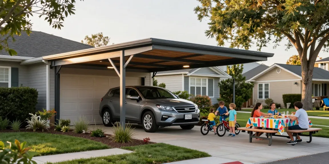 Moderne Carport-Installation in einem einladenden Vorort mit Familie, Garten und Parkplatz.