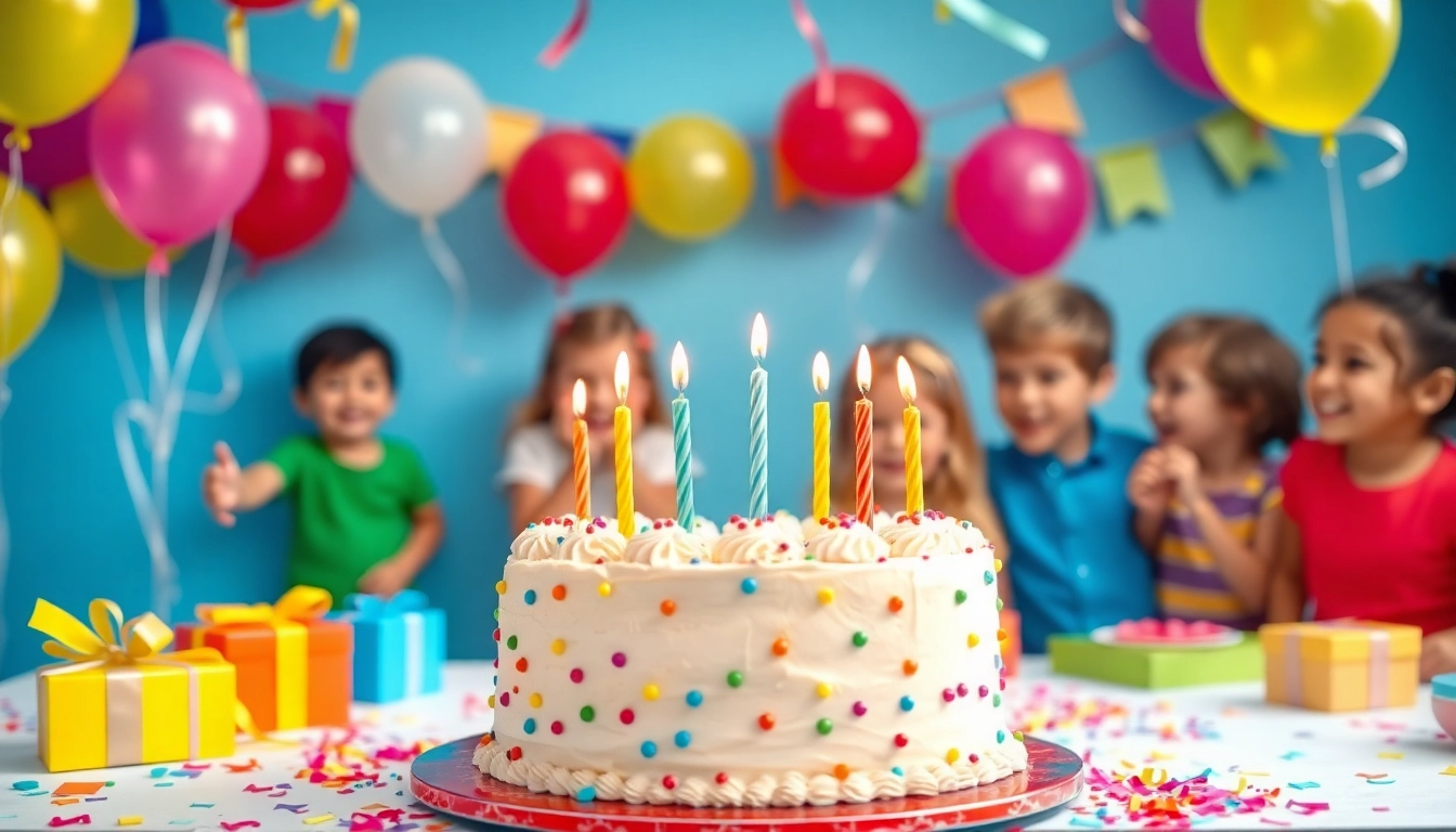Kindergeburtstag 4 Jahre: Festlicher Geburtstagskuchen umgeben von Spielen und fröhlichen Kindern.